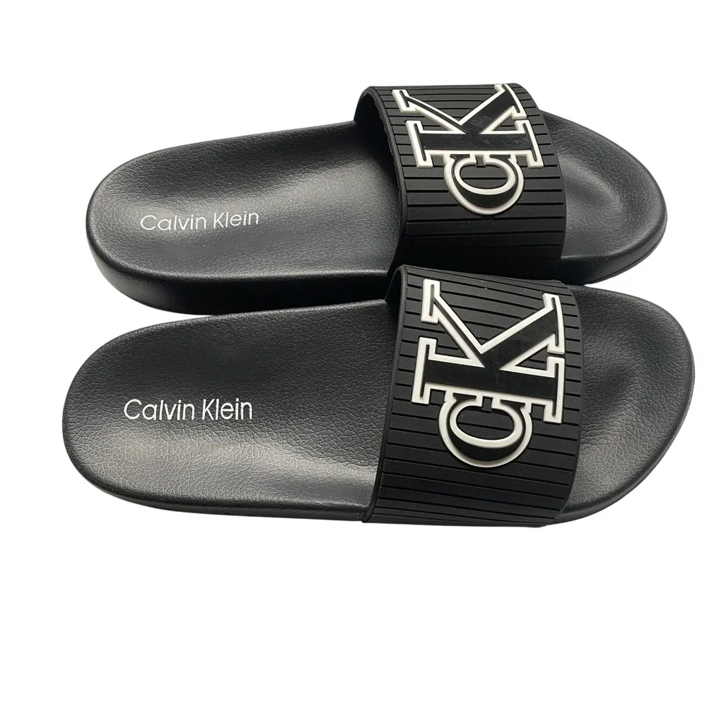 Calvin Klein Malonzo-C Ribbed Mens Black CK Logo‎ Slide Sandals Size 9 NWOT